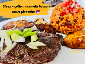 Steak - yellow rice with beans - sweet plantains 🇵🇷